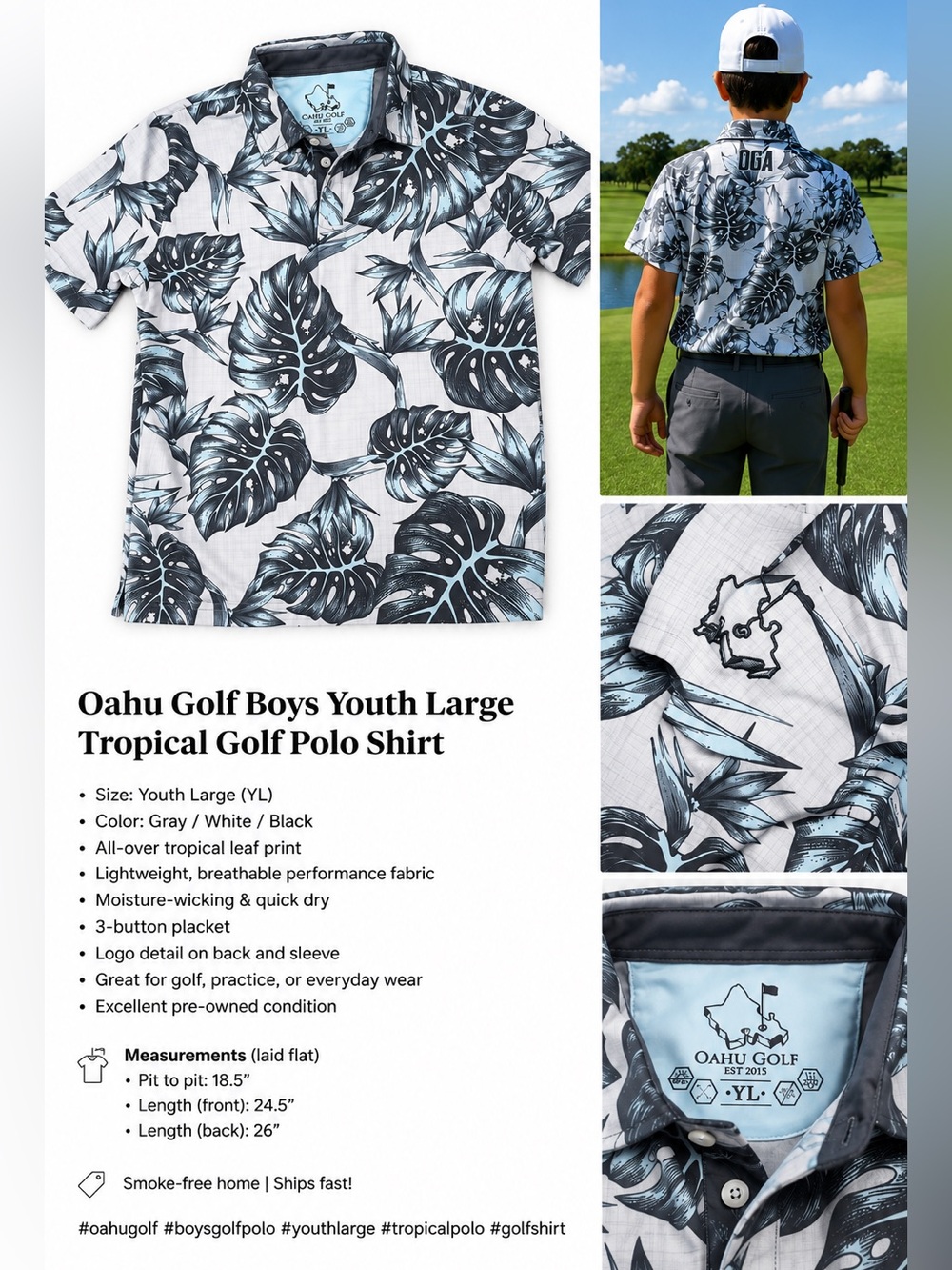Oahu Golf Boys Tropical Leaf Polo Shirt in Gray & White